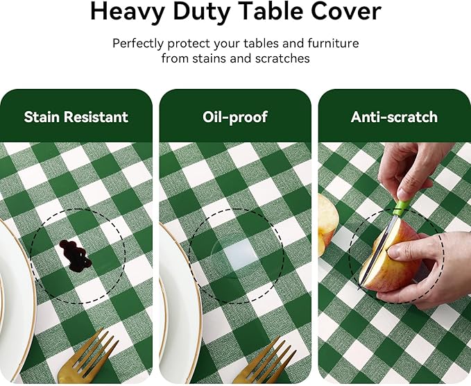 Romanstile Rectangle Vinyl Tablecloth, 100% Waterproof Buffalo Gingham Plastic Table Cloth, Heavy Duty Wipeable Checkered Table Covers for Outdoor, Camping, Picnic, Patio - 60 x 102, Green and White