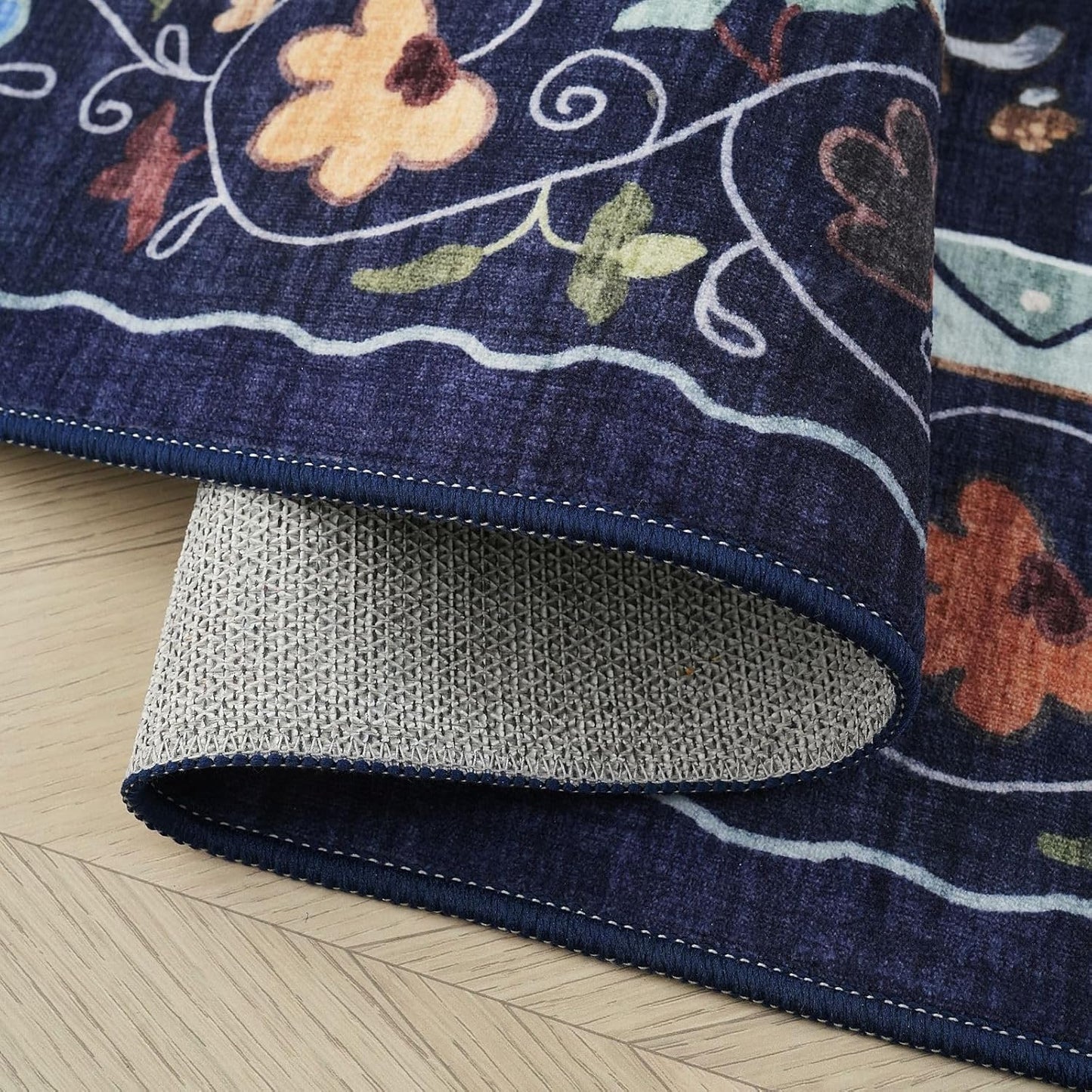 Rugcomf Living Room Rug 5x7 Rug Machine Washable Boho Area Rug Non Slip Floral Animal Cat Vintage Low Pile Large Rugs for Living Room Bedroom Farmhouse Dining Room Kids Playroom, Cobalt Blue