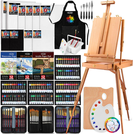 188Pcs All-in-One Art Painting Kit with French Easel, 96 Acrylic, Watercolor & Oil Paint Set, Complete Art Supplies Painting Set for Adults, Artists, Beginners