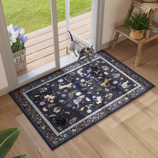 Rugcomf Door Mat Indoor Entrance 2x3 Rug Machine Washable Boho Floral Animal Cat Small Area Rug Non-Slip Low Pile Throw Rugs for Entryway Kitchen Front Door Entry Kids Room, Cobalt Blue