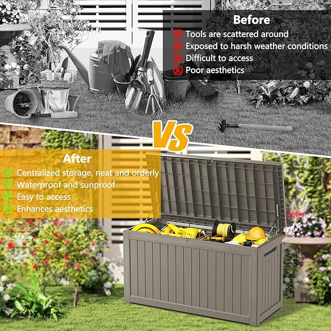 200 Gallon Deck Box, Resin Outdoor Indoor Waterproof Storage Box, Lockable Storage Box With Handle for Patio Furnitures - Garden Tools - Swimming Pool Tools UV Resistant (Grey, 200Gal)