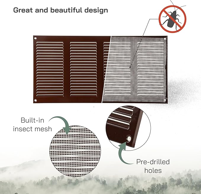 Vent Systems 16" x 8" Inch (Overall Dimensions) Pack of 5 - Brown - Air Vent Cover Metal Air Return Grill with Built-in Pest Guard Screen HVAC Vent Duct Cover for Home Improvement