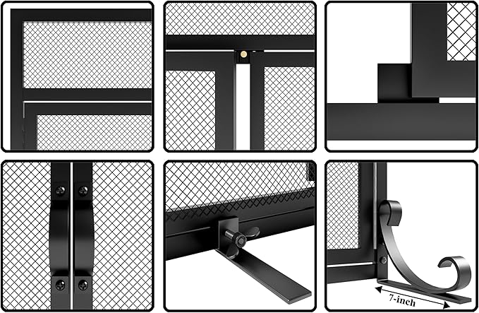 Flat Fireplace Screen with Doors,Solid Wrought Iron Frame with Metal Mesh, Flat Panel Decorative Fireplace Screen with Modern Design, Free Standing Spark Guard