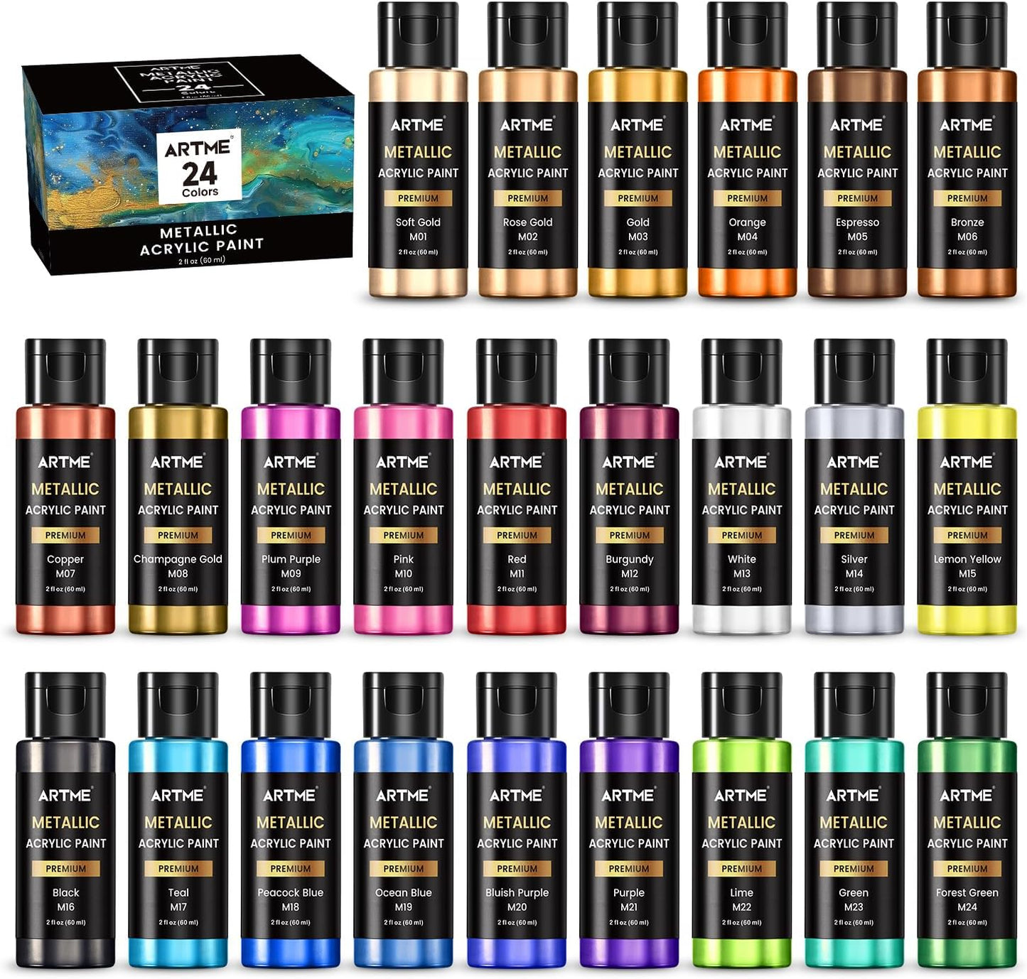 ARTME Metallic Acrylic Paint Set, 24 Metallic Colors in 2 oz/60ml Bottles, Metallic Shining Acrylic Paint, Rich Pigments Paint Perfect for Artists, Beginners on Canvas, Rocks, Wood, Fabric, Ceramic
