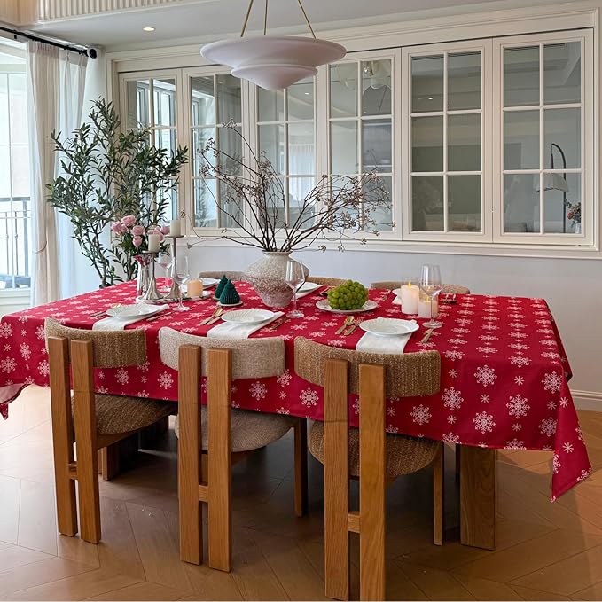 Christmas Red Tablecloth, Rectangle Table Cloh with Snowflake Decorations, Spillproof Cotton Linen Fabric Table Cover for Holiday, Winter, Party - 54''x72''