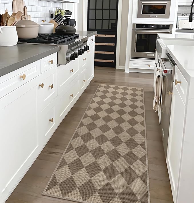 Easy Jute Checkered Runner Rug, 2x6 Brown Modern Washable Rugs Runner for Hallway Non-Slip Long Kitchen Rug, Geometric Diamond Indoor Outdoor Carpet for Porch Laundry Entryway