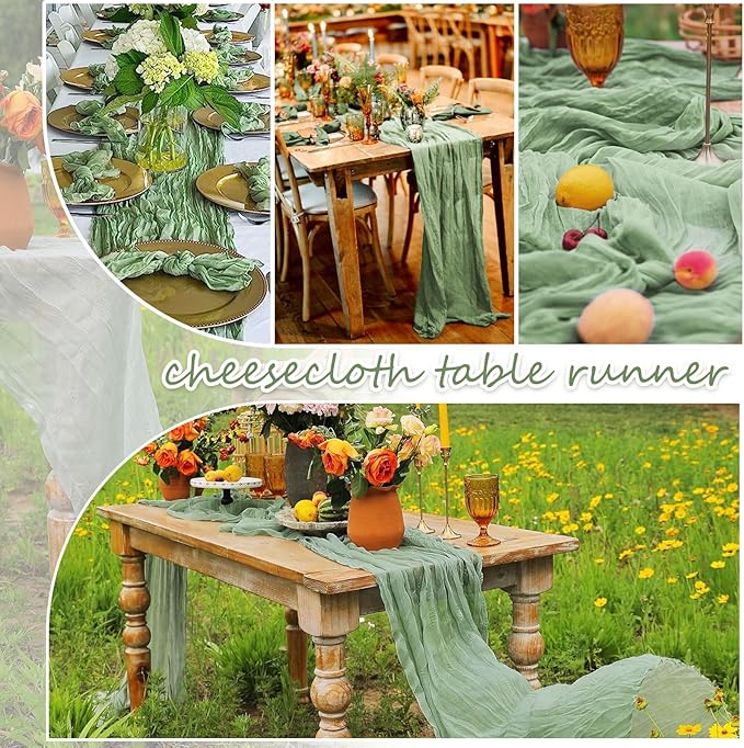 20 Packs Cheesecloth Table Runner 10FT Long Boho Gauze Fabric Table Runner Vintage Rustic Sheer Runners for Wedding Party Bridal Baby Shower Table Decorations (Sage Green)