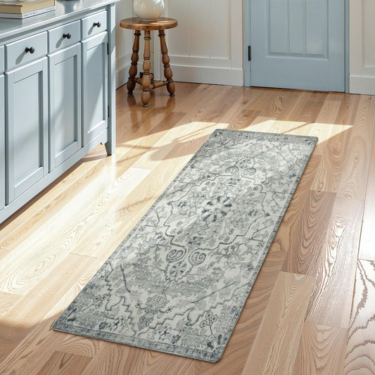 Lahome Washable Runner Rug 2x5, Bohemian Laundry Room Rug Low Pile Bathroom Runner Rugs with Rubber Backing, Printed Non-Slip Throw Carpet Runners for Kitchen Hallway Bedside, Beige