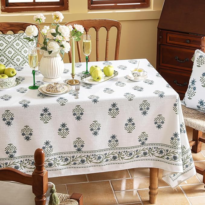 ISAENNE Designer White Linen Extra Long Tablecloth Rectangle,Chinoiserie Floral Elegant Indoor Table Cloth,Fall Stain Proof Decor Tablecloths for Dining Thanksgiving Kitchen,67"*118"-Mosella F