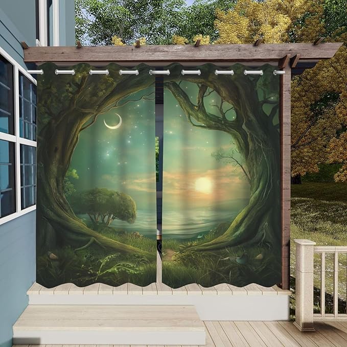 Forest Theme Outdoor Curtains for Patio Waterproof,Trees Moon Lake Pattern,Weatherproof Outside Curtain for Cabana, Porch, Pergola and Gazebo,Set of 2 Panels,W42 x L84,Green