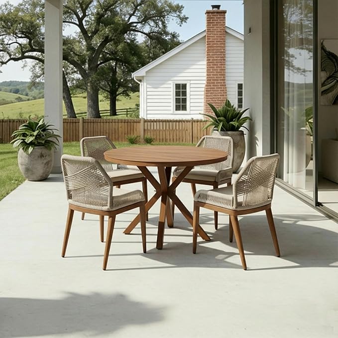 PURPLE LEAF 5 Pieces Round Dining Set Patio Aluminum Modern Round Table and Wicker Chairs with Cushions for Kitchen Porch Garden Outdoor Furniture Sets
