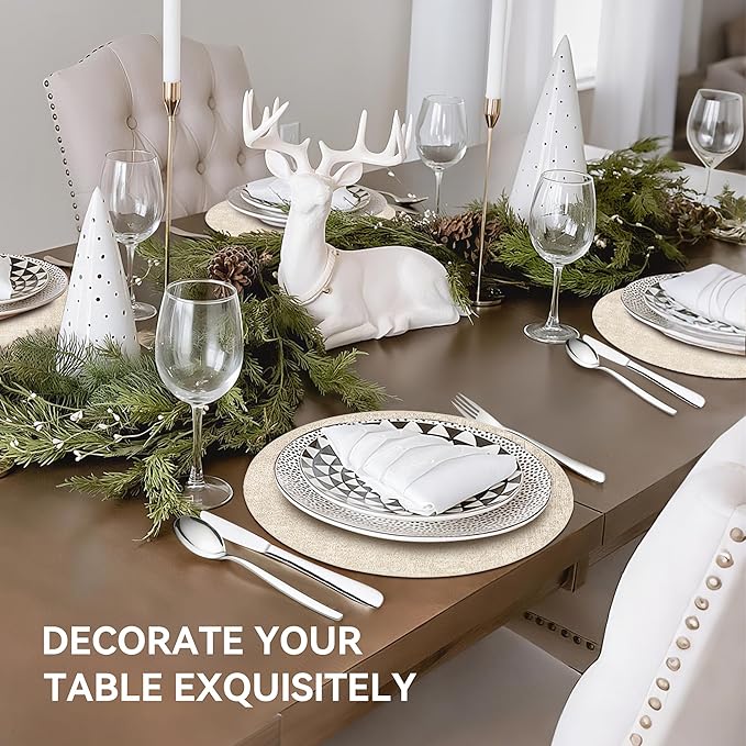 13" Round Placemats Set of 12, Reversible Faux Leather Heat Resistant Table Mats, 100% Waterproof Oilproof Wipeable Table Protective Placemats for Vinyl, Washable for Indoor (12, Beige)