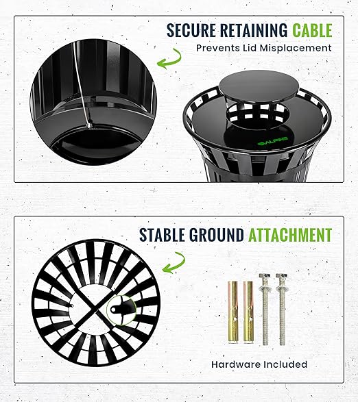 Alpine Industries 38 Gallon Commercial Outdoor Metal Trash Can with Liner, Flat Lid & Rain Bonnet