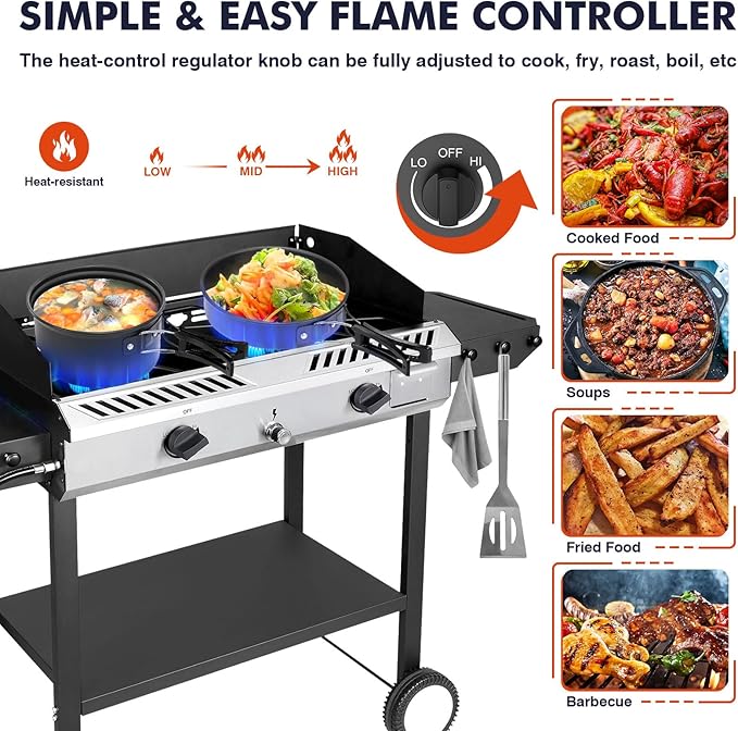 Llamaviva 2 Burner Outdoor Gas Stove with Side Shelves, Auto-ignition & Regulator, 150,000 BTU Propane Outdoor Stoves for Cooking, Camping&BBQ Cookouts