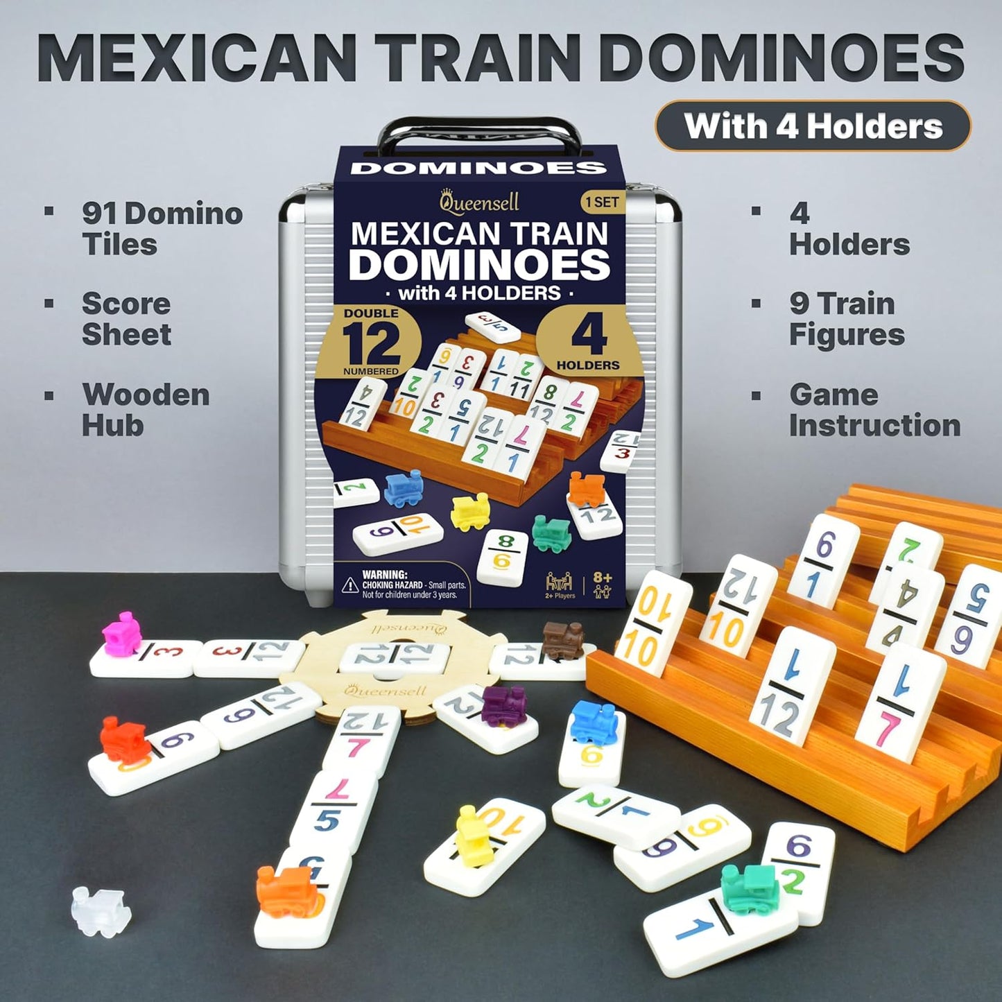 Queensell Mexican Train Dominoes Set with Numbers and 4 Holders - Wooden Hub and Domino Holders - Double 12 with Numbers (D12 Numbers + 4 Holders)