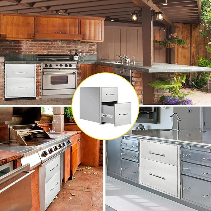 Outdoor Kitchen Drawers 14" W x 21" H x 21" D Flush Mount Double BBQ Drawers with Chrome Handle Stainless Steel Drawer for Outdoor Kitchen Island, Patio Grill Station