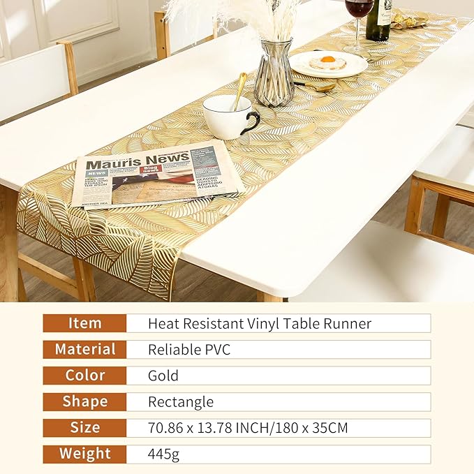 FAVE Gold Table Runner 72 inches Long Heat Resistant Hallowed-Out Vinyl Waterproof Washable Dinning Runner for Wedding, Banquet, Birthday, Party, Restaurant(Gold Rectangle)