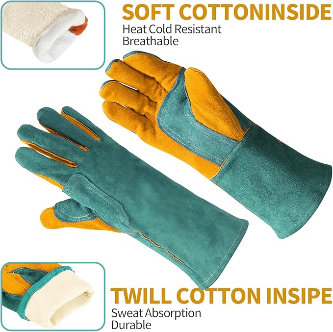 Leather Welding Gloves - Thick Premium Cow Split Leather, Heat Resistant, Welding, Grilling, BBQ & Fireplace