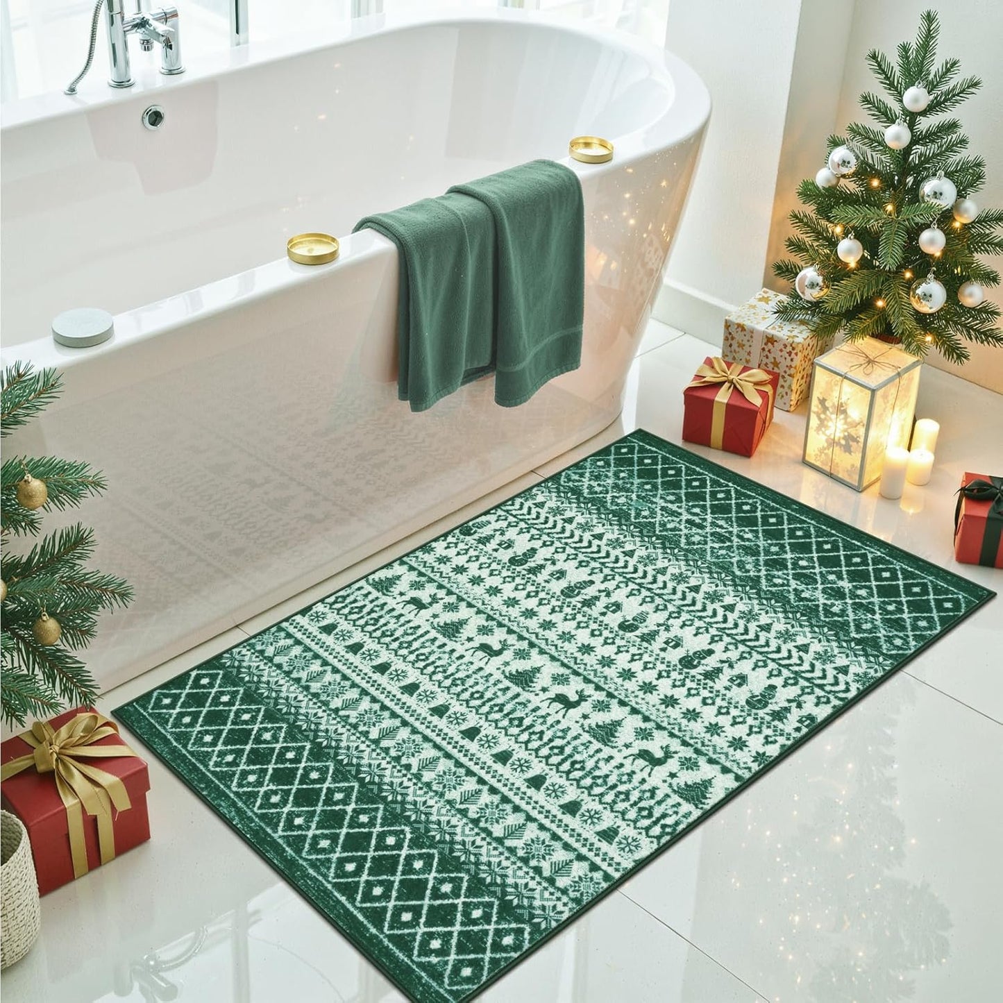 2025 Christmas Rugs for Entryway, 2x3 Washable Door Mat Indoor Entrance, Low Pile Soft Non Slip Green Kitchen Rug, Xmas Holiday Decor Floor Carpet for Bedroom Bathroom Laundry Bedside Sink