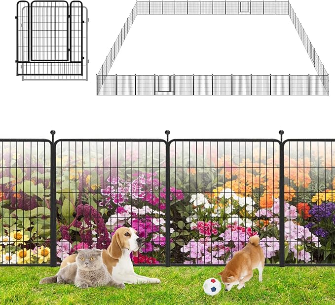 Garden Fence with Gate Metal Fencing Outdoor for Yard, 32in x110ft 48 Panels Outdoor Dog Fence Temporary Fence for Dogs Outside, Rustproof Garden Fencing Flower Bed Edging for Patio