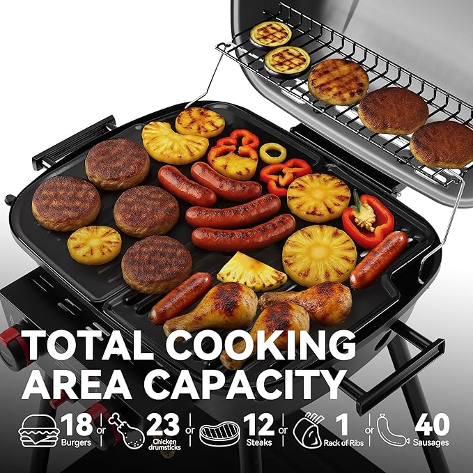 Royal Gourmet GT2003 Portable 2 Burner Propane Gas Grill with Stand and Warming Rack, 2-in-1 Grill Griddle Combo with 17,000 BTUs Output forCamping, Tailgating, Backyard, Gray