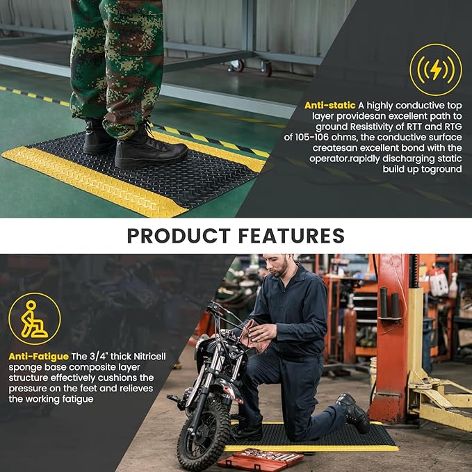 3' x 5' ESD Anti-Fatigue Conductive Mat, Durable Heavy Duty Diamond Plate, Soft Sponge Ergonomic Mat, Non Slip Waterproof Floor Mats for Commercial&Industrial Work, Thick 3/4” Black with Yellow Border