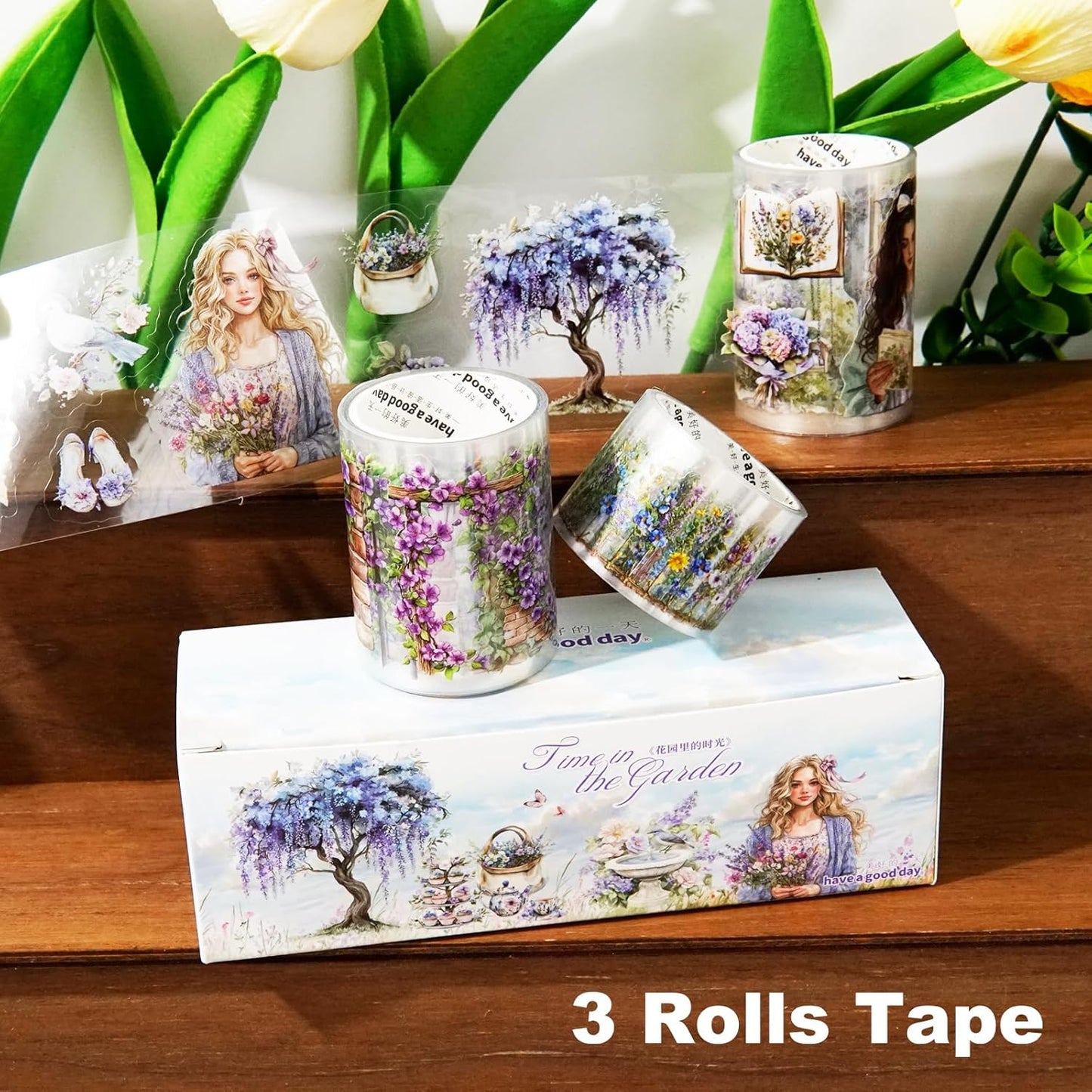 Wisteria Garden PET Tape Set, 3 Rolls of Pre-Cut Floral Vine Stickers for Scrapbooking, Journaling, DIY Crafts, and Collage Decoration (30mm/50mm/55mm)