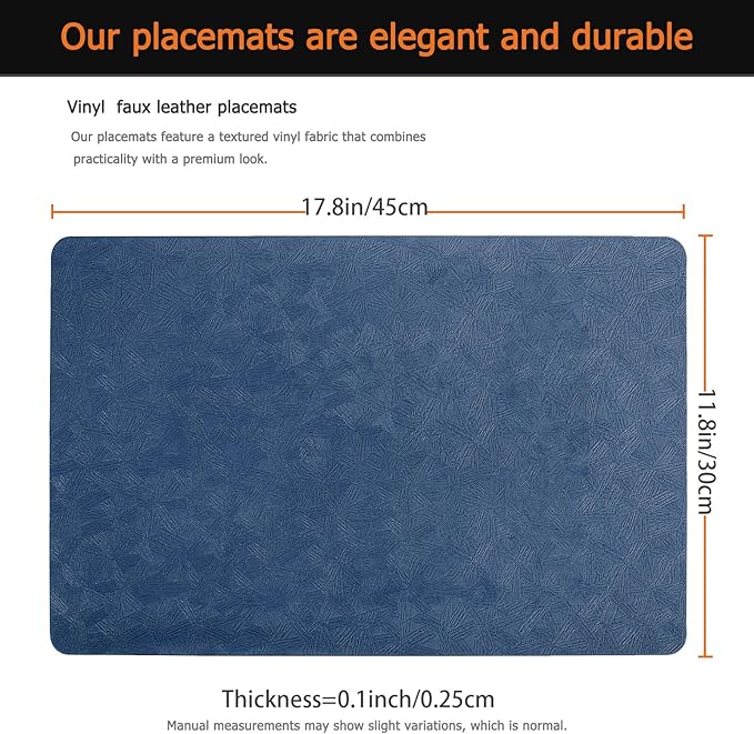 Vinyl Placemats Set of 6 Faux Leather 100% Waterproof Wipeable Washable Place Mats Heat Resistant Easy Clean Non-Slip Table Mats for Indoor Outdoor. (6,Blue)