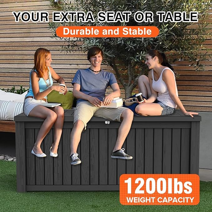 180 Gallon Resin Deck Box, Waterproof Outdoor Storage Box for Patio Furniture, Garden Tools, and Pool Accessories, Lockable UV-Resistant Storage Bin Bench Cabinet for Outside, Black