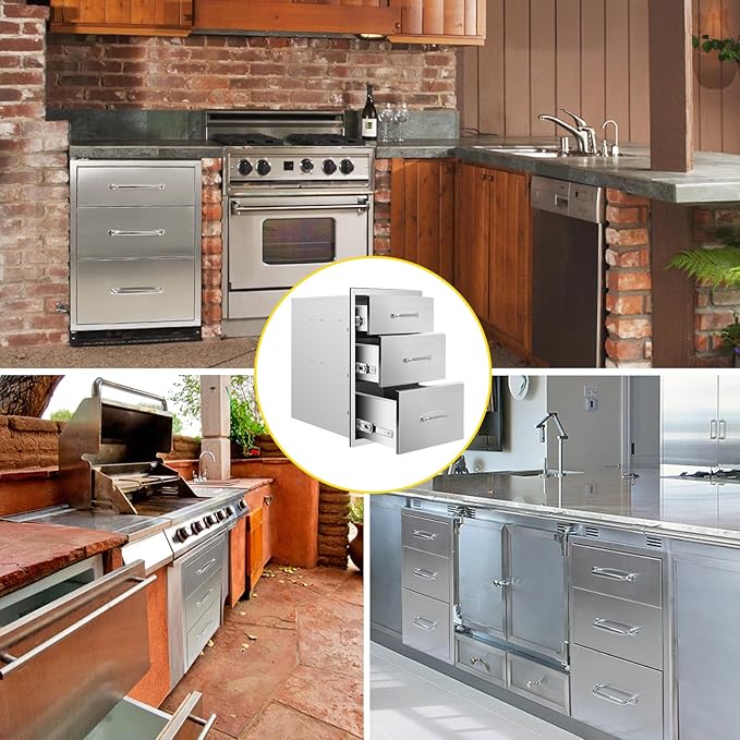 Outdoor Kitchen Drawers 14" W x 21" H x 23" D Flush Mount Triple BBQ Drawers with Chrome Handle Stainless Steel Drawer for Outdoor Kitchen Island, Patio Grill Station