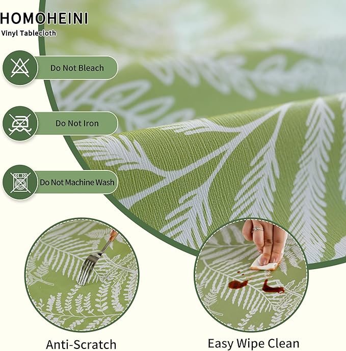 Rectangle Picnic Table Cloth, Elastic Waterproof Fitted Vinyl Tablecloths for 6 Foot Tables, Wipeable Flannel Backed Table Covers for Dining, Camping, Outdoor(Green Leaves,36"x72")