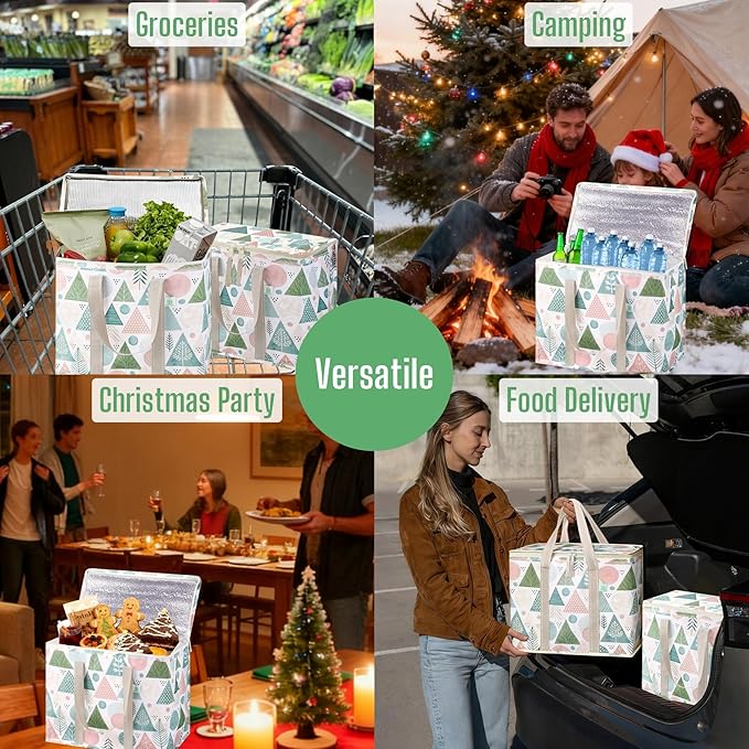 VENO 2 Pack Cooler Bag, Insulated Grocery Bags for Food Delivery, Collapsible Cooler, Reusable Shopping Bags for Groceries, Hard Bottom, Zippered, Foldable, Christmas Pattern (Pastel Forest, 2 Pack)