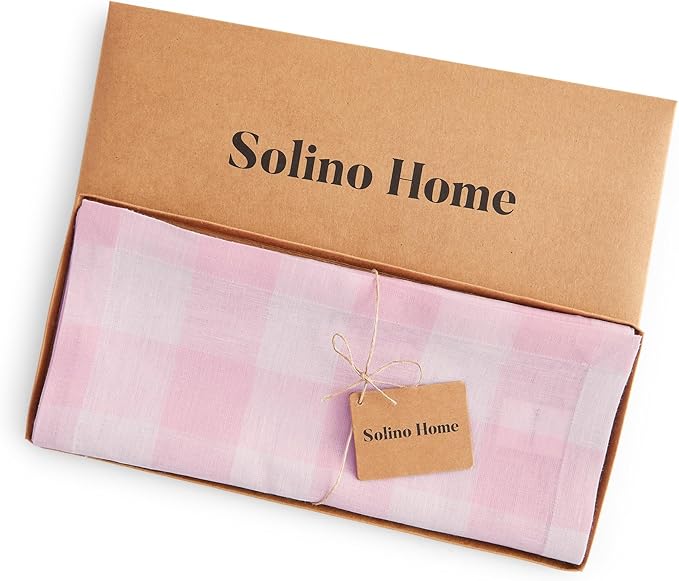 Solino Home Linen Checkered Table Runner 108 Inches Long - 100% Pure Linen Buffalo Check Marshmellow Pink Table Runner 14 x 108 Inch Ideal for Dining, Valentines, Spring, Easter