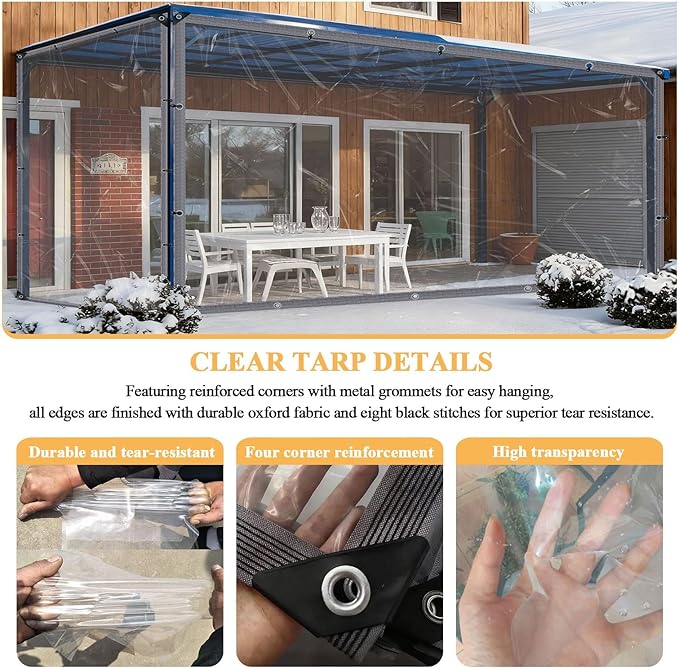 17x18 FT Clear Vinyl Patio Enclosure Panels - Heavy Duty Waterproof Clear Tarps with Reinforced Edges & Grommets for Temporary Winter Porch Enclosure & Deck Enclosure