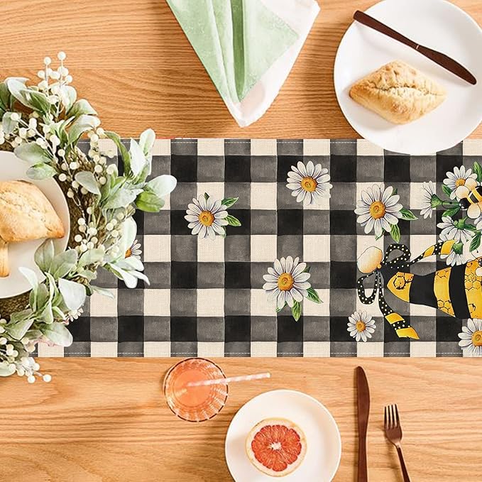Seliem Spring Bee Gnome Table Runner, Honey Black White Buffalo Plaid Check Home Kitchen Dining Decor, Summer Seasonal Farmhouse Daisy Decorations Indoor Outdoor Anniversary Party Supply 13 x 48 Inch
