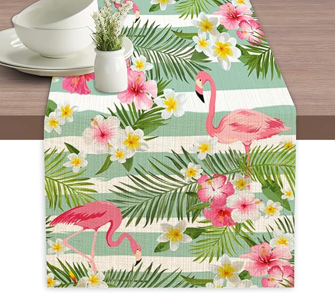 Flamingo Palm Leaf Hibiscus Table Runner Dresser Scarves Seasonal Linen Tablerunner for Indoor Outdoor Kitchen Home Party Holiday Dining Table Decor 13 X 70 Inch