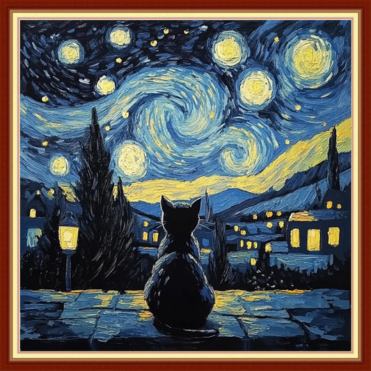 Foxhool Beginners Cross Stitch Kits Stamped Full Range of Embroidery Kits for Adults DIY Cross Stitches kit Embroidery Patterns for Needlepoint kit-Cat Stares at Van Gogh's Starry Sky 18x18 inch