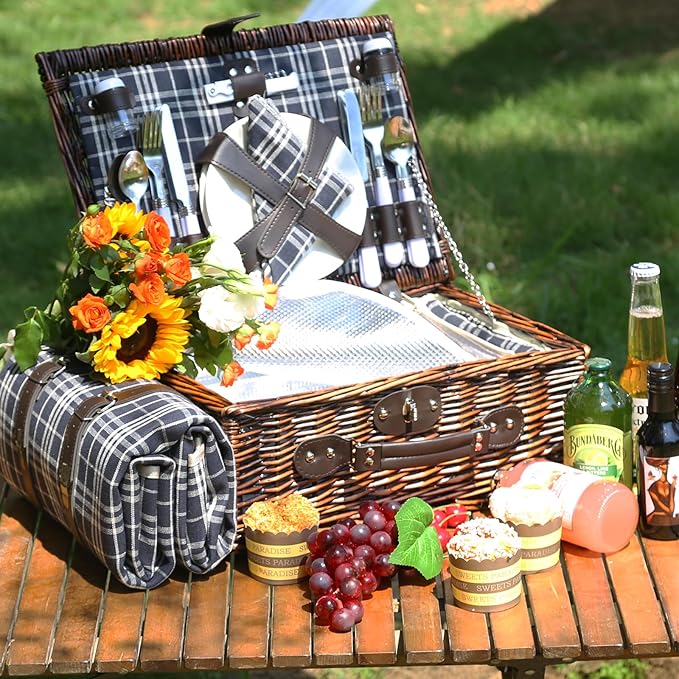 Neti Neti Wicker Picnic Basket for 4 with Insulated Cooler & Waterproof Blanket – Large Willow Picnic Hamper for Outdoor, Camping, Beach, Romantic Dates, Valentine’s Day