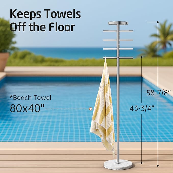 KES Hot Tub Towel Rack Outdoor with Natural Marble Extra Weight Base, 8 Arms 360° Adjustable 59in Outdoor Towel Rack for Pool with Storage Tray, 18/8 Stainless Steel, Brushed Finish, OTR204-2