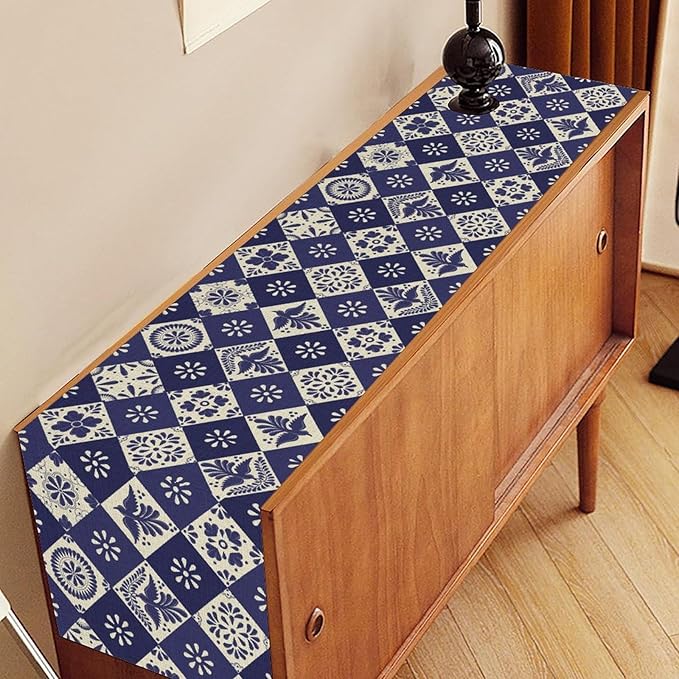 Floral Birds Mexican Table Runner, Blue Mexico Talavera Ceramic Tiles Cinco De Mayo Azulejo Coffee Table Center Decor for Family Kitchen and Dining Patio Indoor Outdoor Table Decorations, 13" X 72"