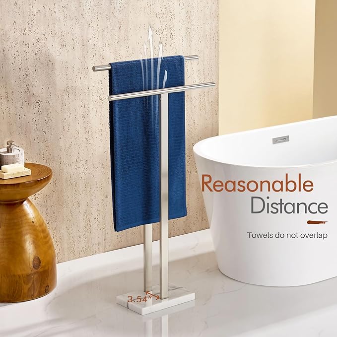 KOKOSIRI Towel Rack Free Standing Brushed Nickel 2-Tier Towel Holder for Bathroom Floor Stand with Heavy Marble Base Thicken Steady Design Stainless Steel THS0005-BR