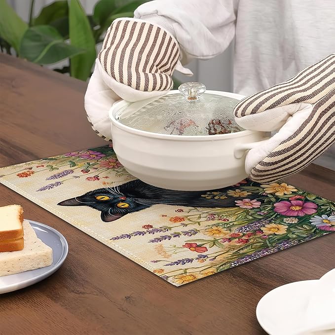 Black Cat Placemats Set of 6,Color Flower Waterproof Non-Slip Washable Table Mats for Kitchen Dining Holiday Party Wedding Decor 12x18 Inch