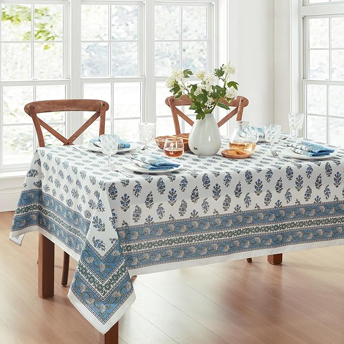 Elrene Home Fashions Tropez Paisley Block Print Coastal Stain & Water Resistant Indoor/Outdoor Fabric Rectangle Tablecloth, 60"x144"