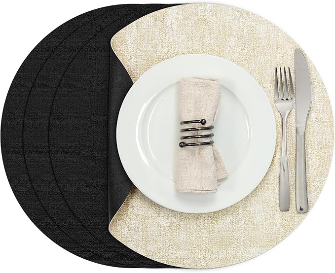 Myir JUN Round Placemats, Dual Sided Faux Leather Place Mats Set of 4 Indoor/Outdoor Non-Slip Washable Table Mats (Cream-White Black, Set of 4)