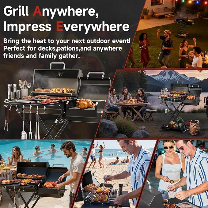 Portable Charcoal Grill with Smoking Function, Foldable Suitcase Design with Wheels, Multi-Tier Storage Rack & Waterproof Cover for Outdoor BBQ Parties (Black)