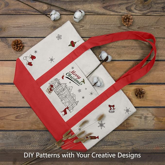 TOPDesign 3-Pack Canvas Tote Bags with an External Pocket, Reusable Grocery Shopping Bags, Top Zipper Closure, Daily Essentials (Red/Natural)