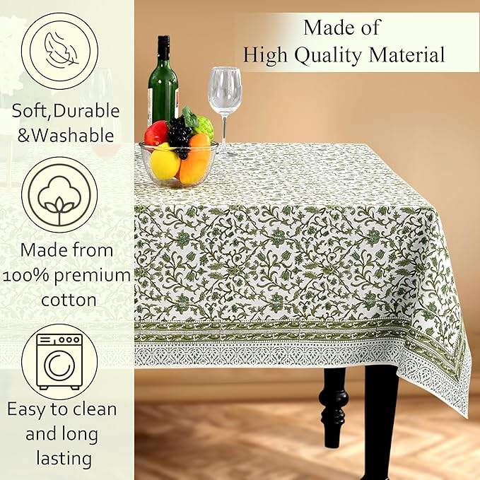 CPC Meadow Vine Tablecloth 100% Cotton 72x160 Inch Indian Block Print Rectangle Table Cover, Table Cloth for Gifting in Weddings, Halloween, Fall, Christmas, Thanksgiving