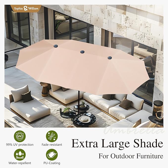 Sophia & William Patio Dining Set with 13ft Double-Sided Patio Umbrella, 8 Piece Metal Outdoor Table Furniture Set with 6 Stackable Chairs, 1 Rectangle Dining Table and 1 Large Beige Umbrella