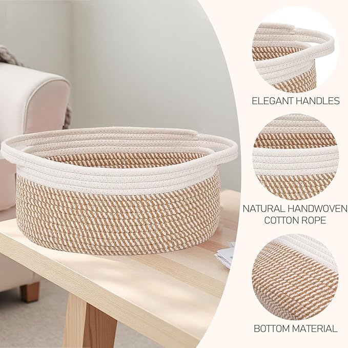 Woven Basket,Small Rope Storage Bin with Handles & Ribbon Bag, Organizer for Shelves Closets,Gift Basket Empty for Birthday,Books,Dog Toys, White&Brown Block/2 Pack
