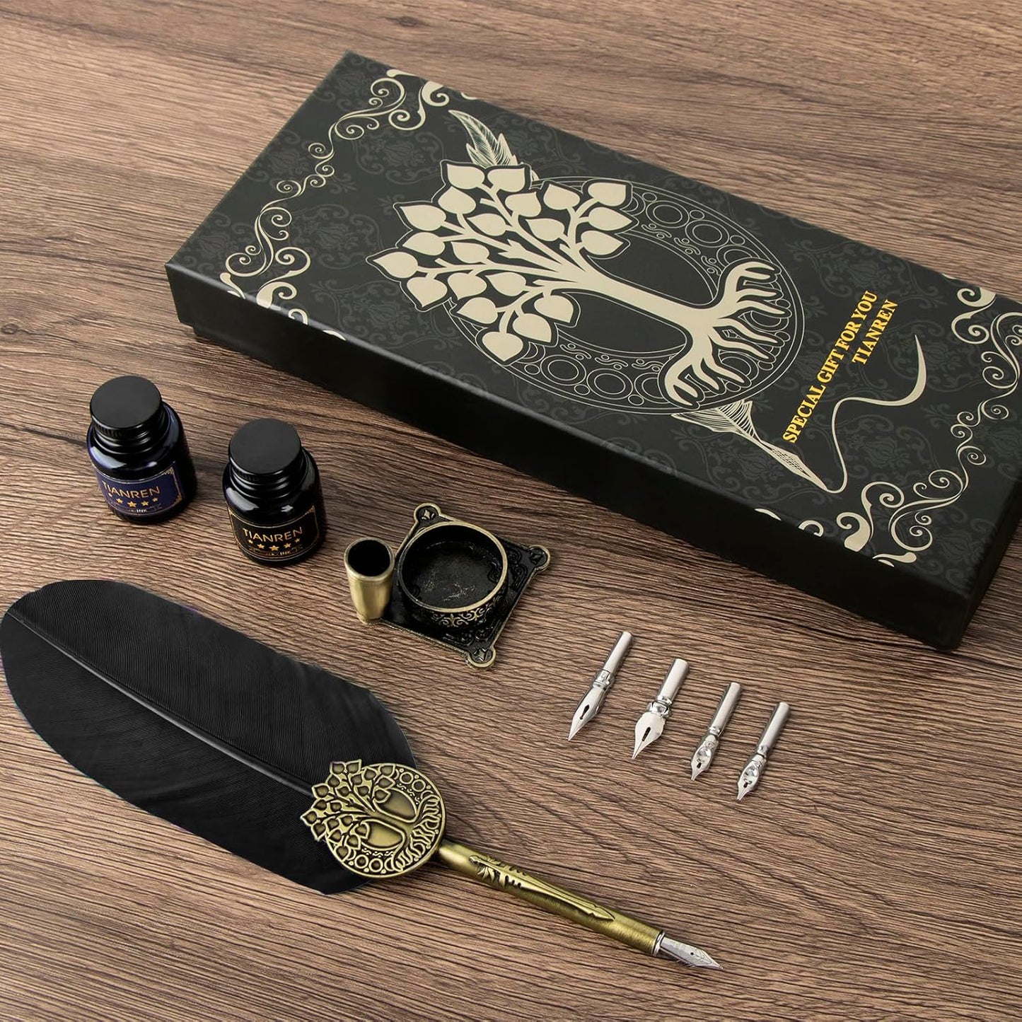 Quill pen ink set,Feather Pen and Ink Set,Antique Calligraphy Pen with 4 Replaceable Nibs,2 Bottle of ink,Feather Dip Pen Holder Christmas Gift for Men&Women.(Black)
